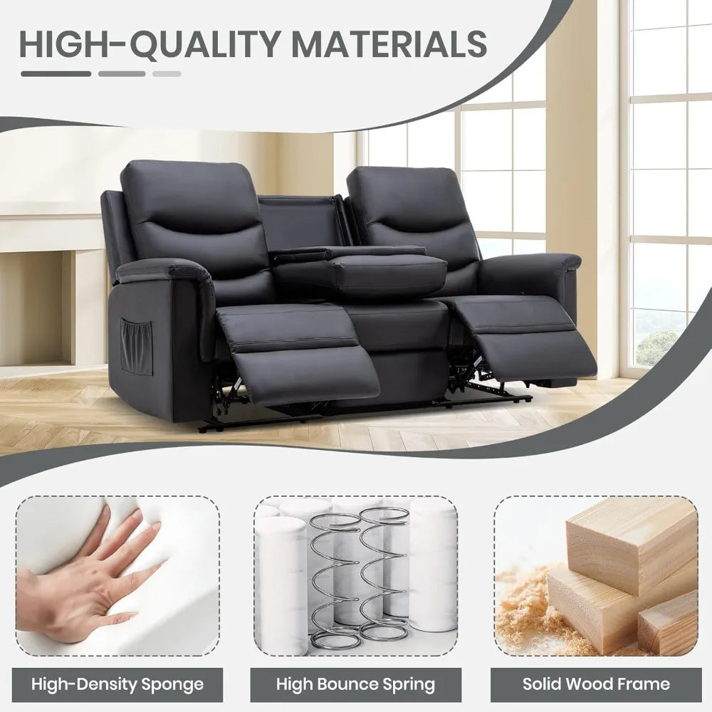 Sofa, 3 Seater Recliner Sofa with Flipped Middle Backrest,Cup Holder, Loveseat Recliner Sofa PU Leather Manual Reclining Couch