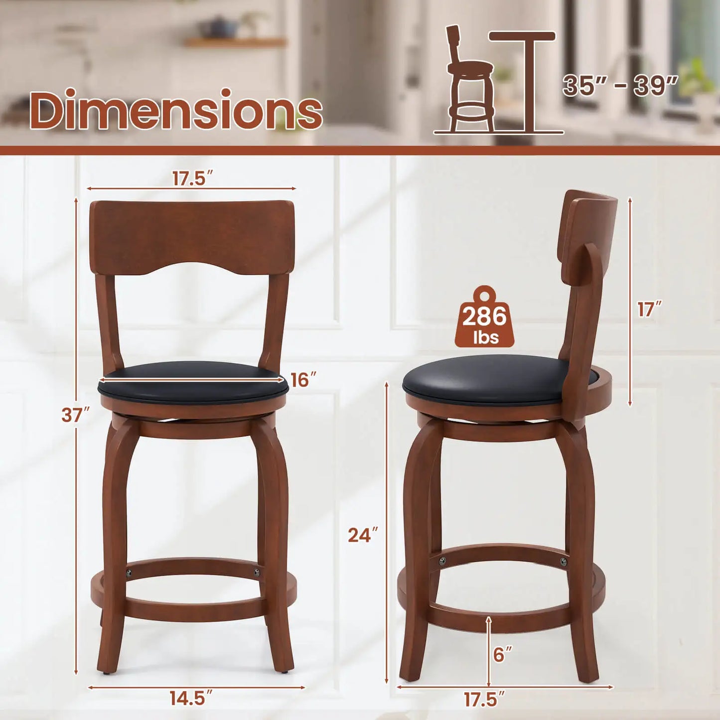 24" Swivel Bar Stools Set of 2 with Rubber Wood Frame Upholstered Seat Footrest