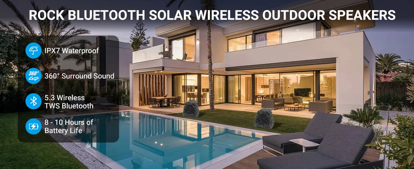 Herdio 8" Rock Bluetooth Speakers Outdoor Waterproof IPX7 Wireless Solar 240W TWS Connection Powered With Rechargeable Battery