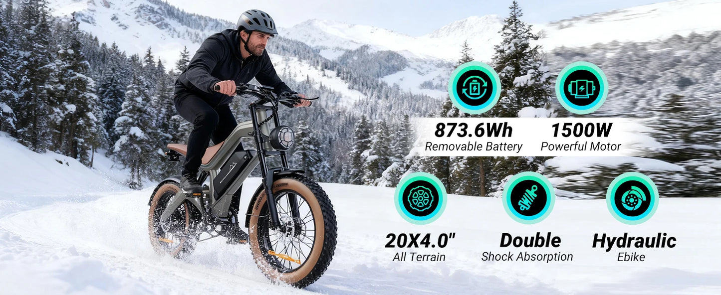 M20 Electric Bicycle Peak 1500W Motor 48V18.2AH Lithium Battery Electric Bike Hydraulic Brake 20*4.0 Inch Fat Tire E-bike