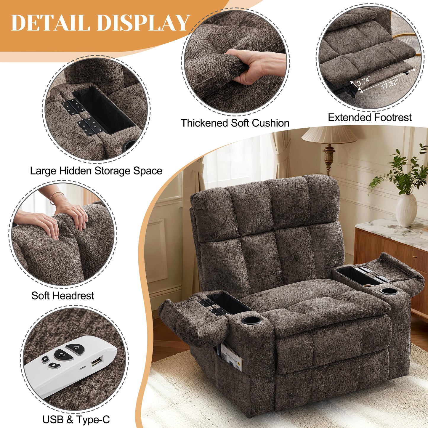 Korser Oversized Motor Power Lift Recliner for Elderly with Headrest,Massage Single Sofa with USB Ports,Cupholder for LivingRoom