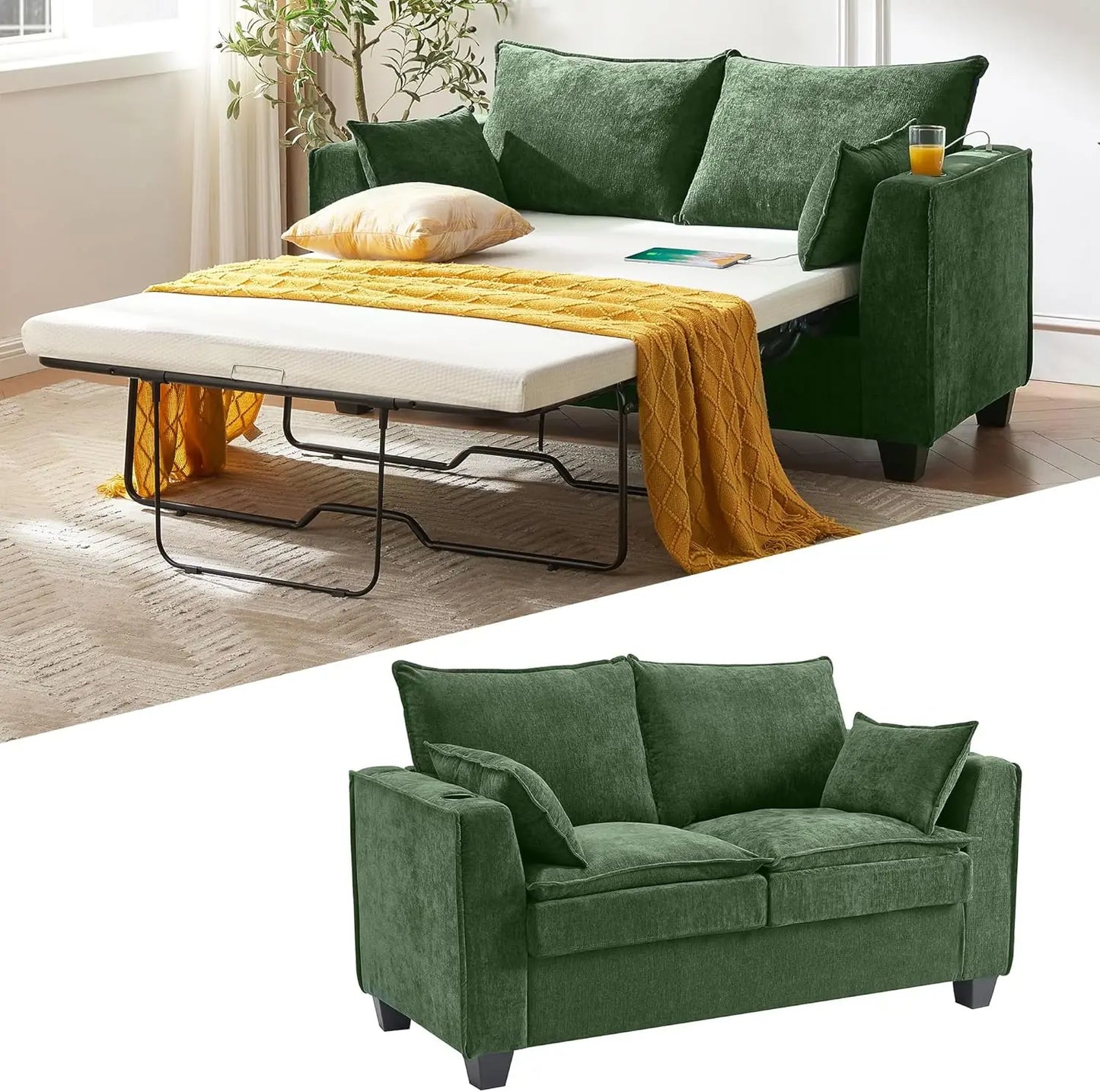 Pull Out Sofa Bed, Sleeper Sofa Couch,Convertible Chenille Loveseat with USB Charging Port and Memory Foam Mattress