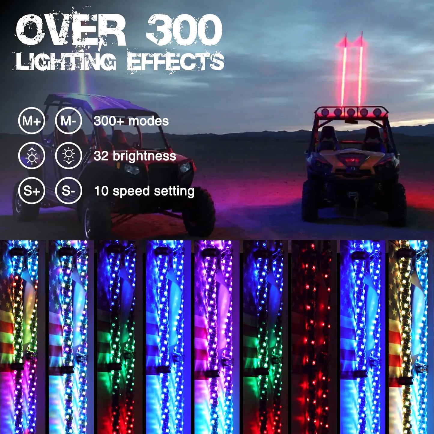 2PCS 4FT 5050RGB Bluetooth And Remote Control Colorful Spiral LED Whip Lights Lighted Antenna Whips for ATV Polaris RZR