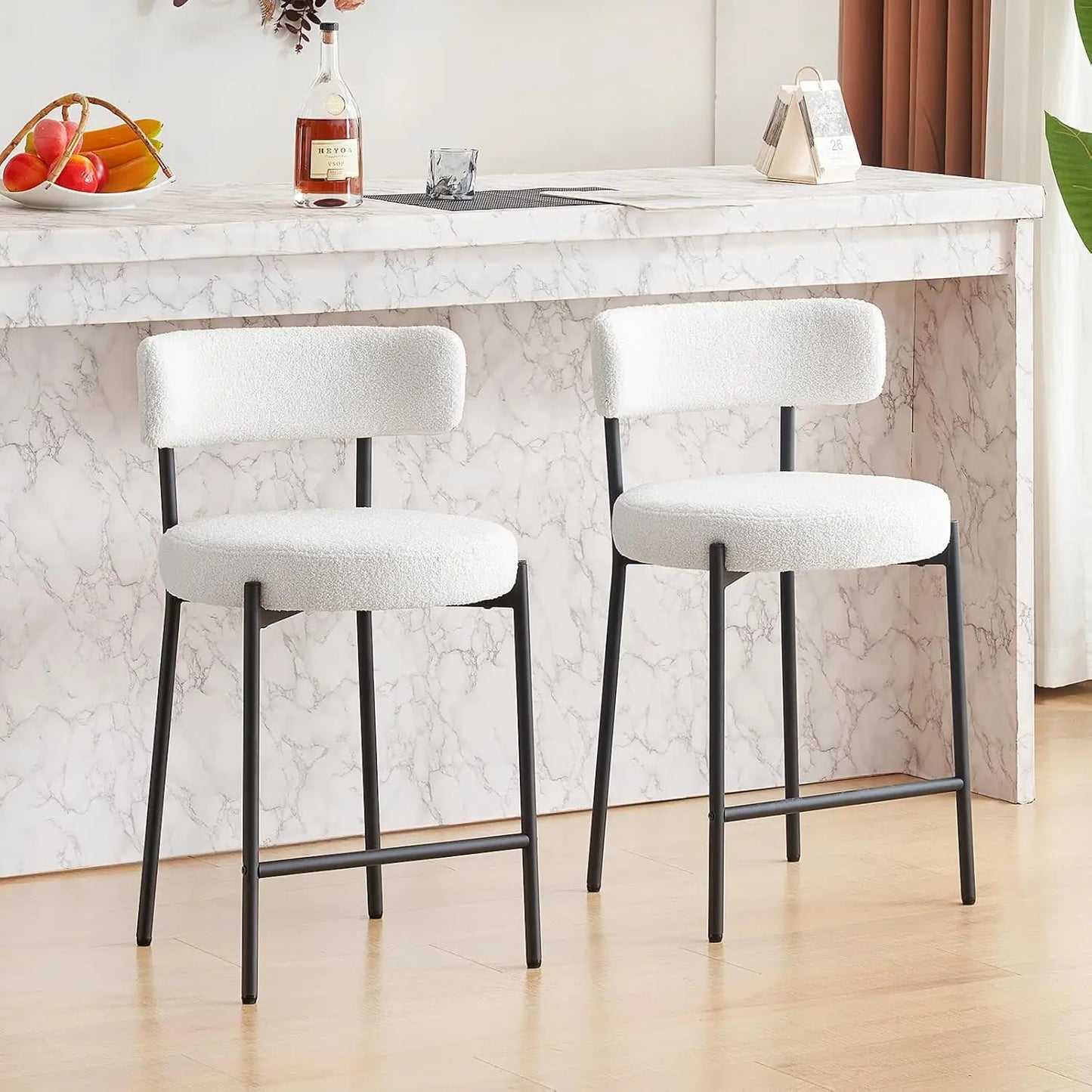 24'' Bar Stools Set of 2, Modern Boucle Counter Height Bar Stools with Curved Back and Black Metal Frame,