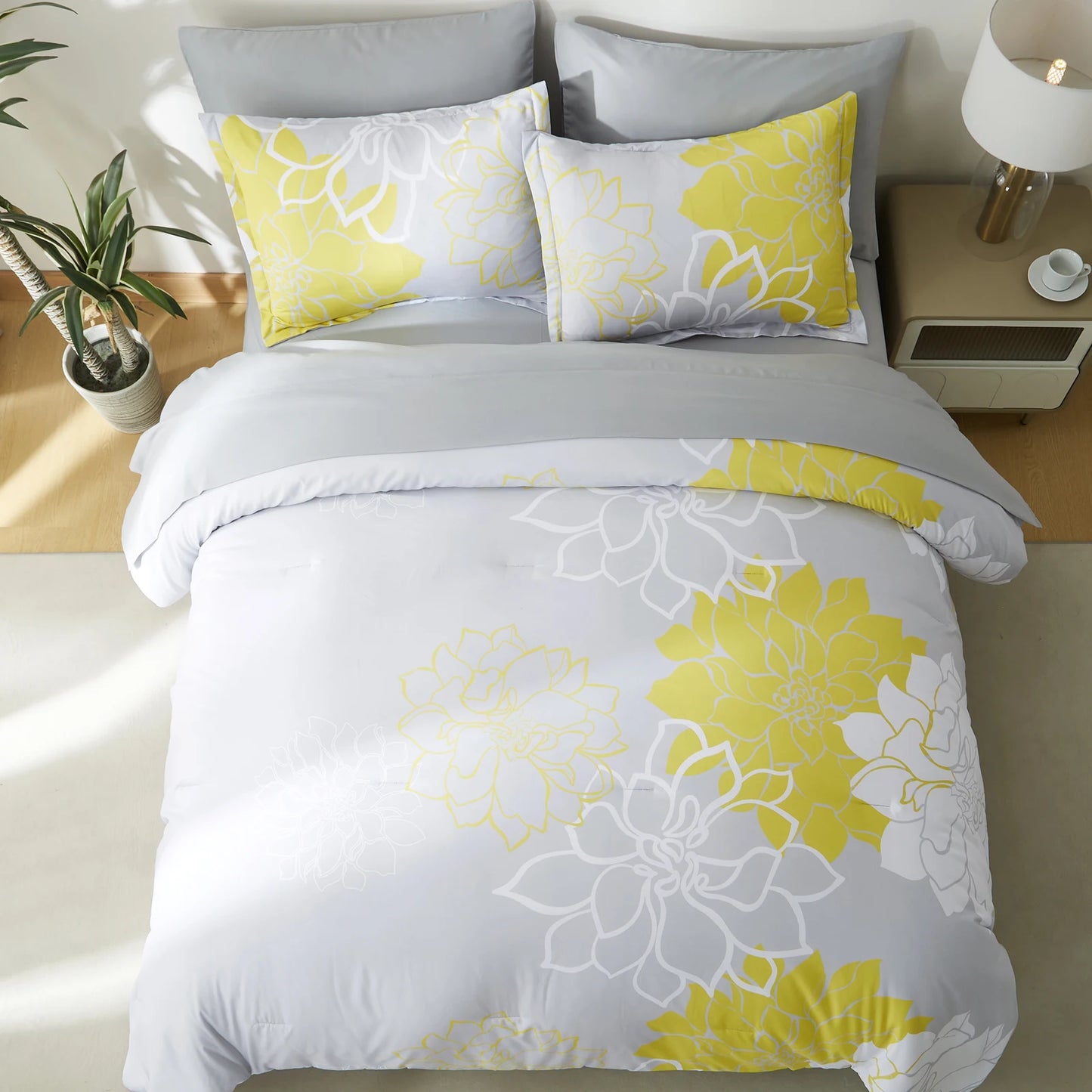 Comforter Set - 7 Pieces Floral Bedding Sets with Reversible Botanical Flowers Comforter, Sheets, Pillowcases & Shams