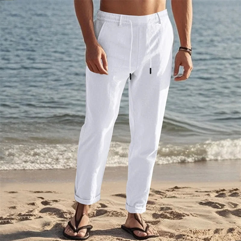 Men s Lightweight Drawstring Linen Pants with Pockets Comfortable Straight Leg Casual Trousers for Summer Beach Wear