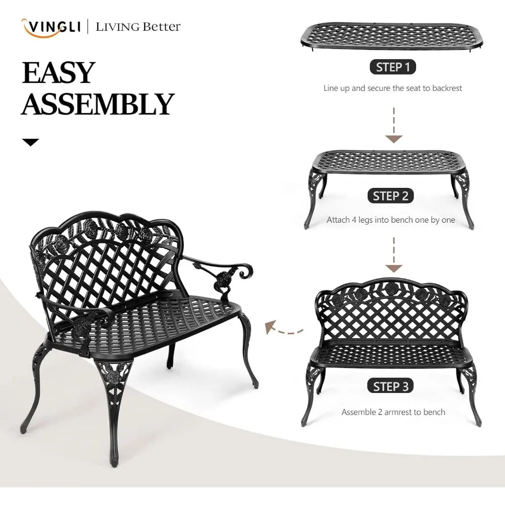 42.5" Outdoor Bench, Antique Cast Aluminum Front Porch Bench Metal Garden Benches Cast Iron Benches 2-3 People Seating (Black)