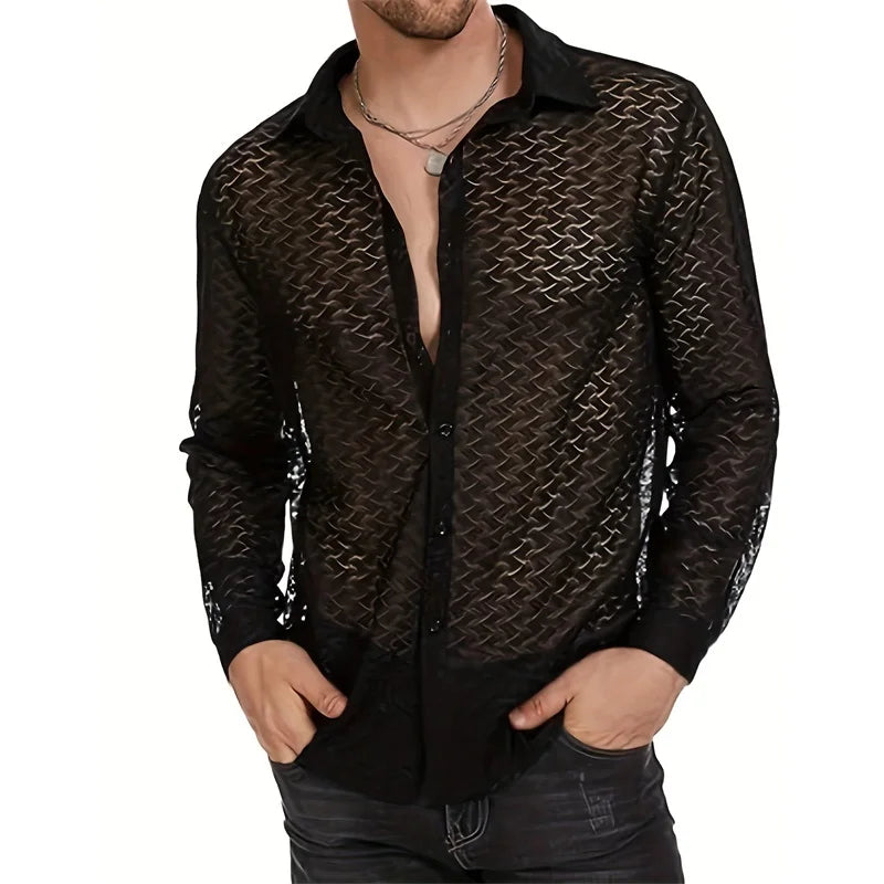 Men s Mesh Panel Shirt with Sheer Lace Detailing and Lapel Neckline Long Sleeve Button-up Top for Casual Streetwear Fashion