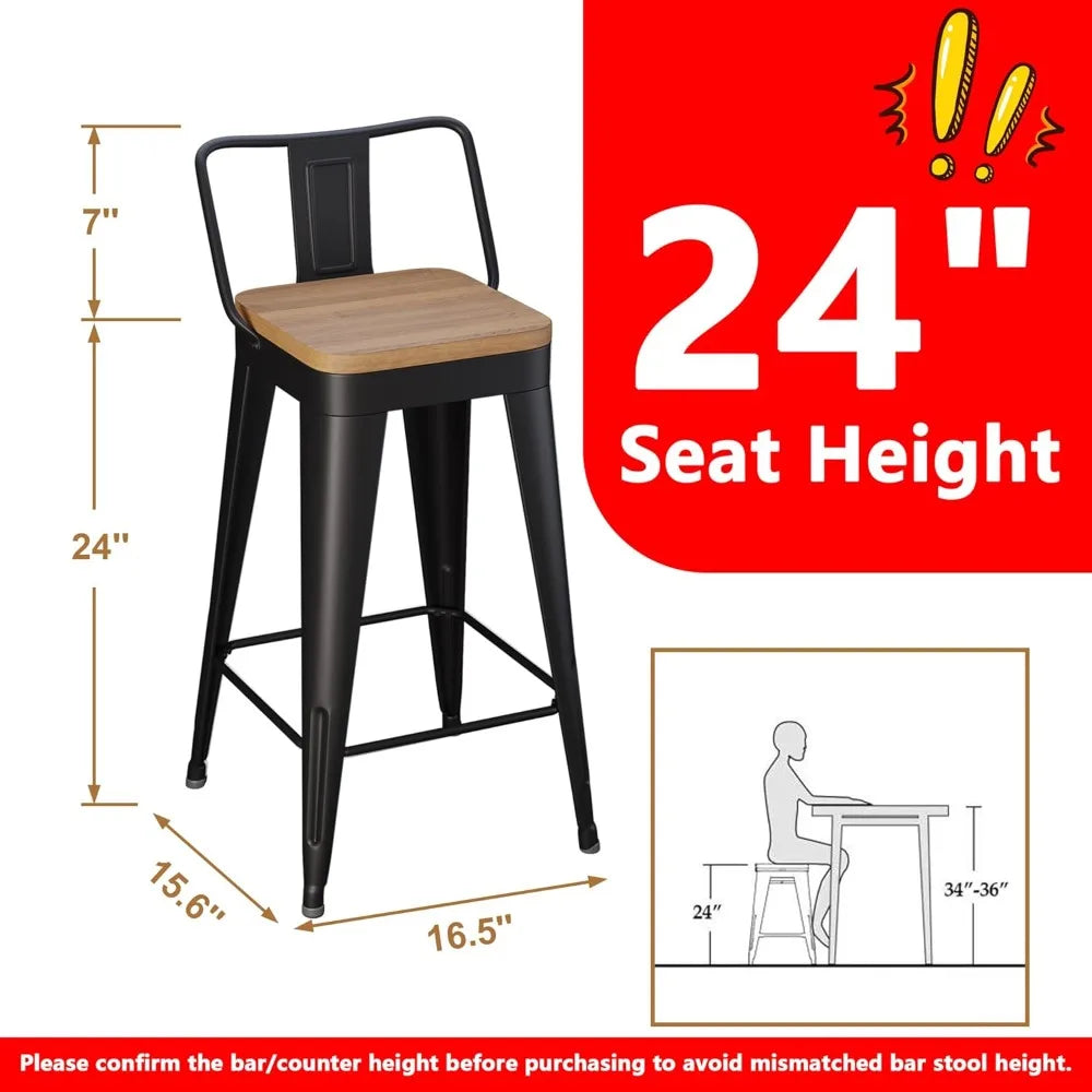 Metal Bar Stools Set of 2 Counter Height Barstools with Removable Back 24" Kitchen Bar Stools with Wooden Seat, Black