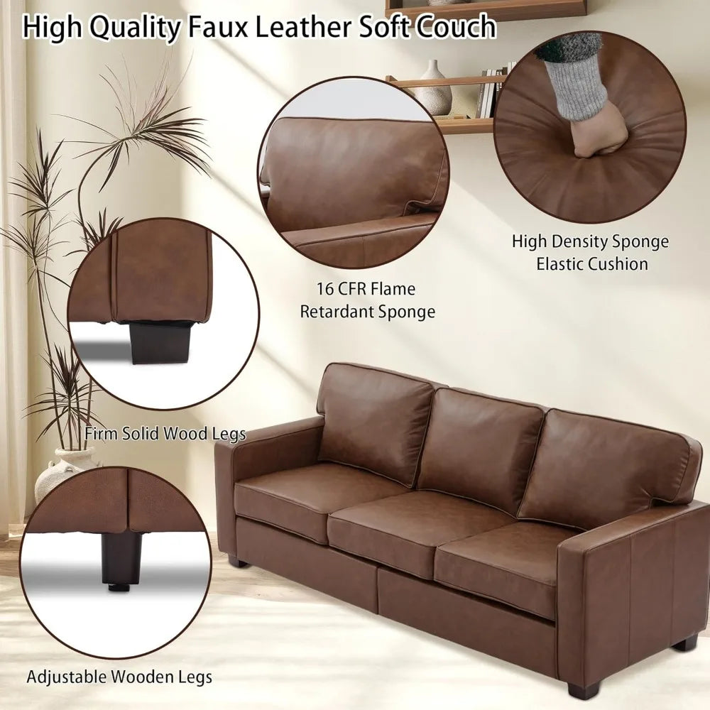 Mid-Century Modern 3-Seat Brown PU Faux Leather Sofa with Solid Wood Legs for Living Room, Bedroom, or Office