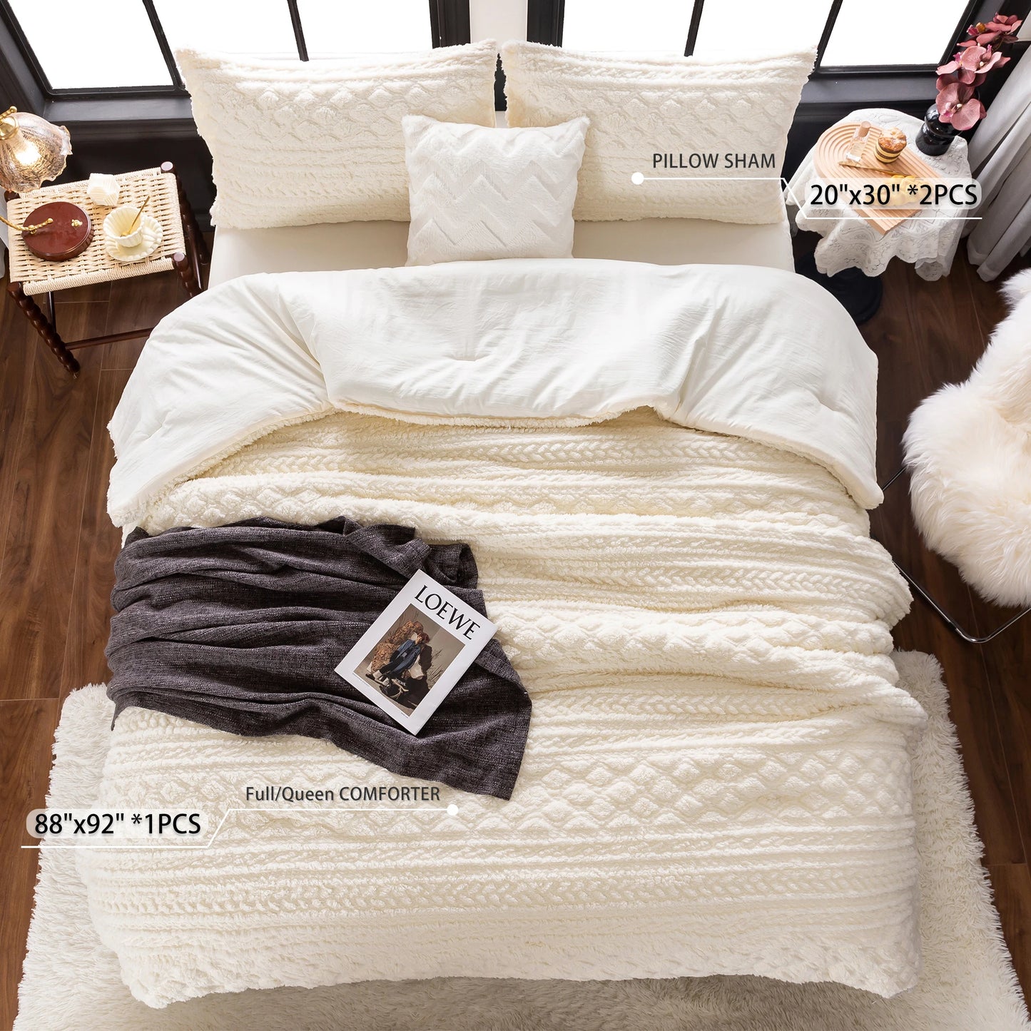 Plush Fleece Sherpa Cotton Fluffy Bed Down Comforter Set, Boho Tufted Ultra-Soft Lightweight Warm All Season Ivory Queen King
