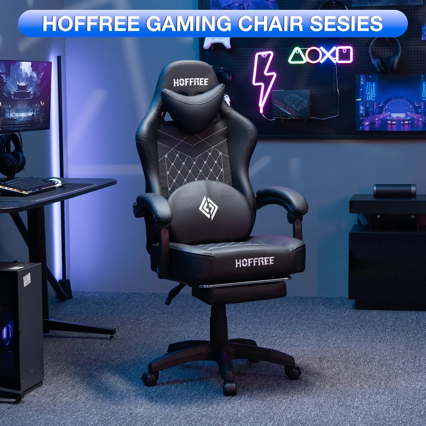 Leather Gaming Chair with Footrest Bluetooth Speaker Dual Function Massage Height Adjustable Recliner Computer Office Chair Sofa