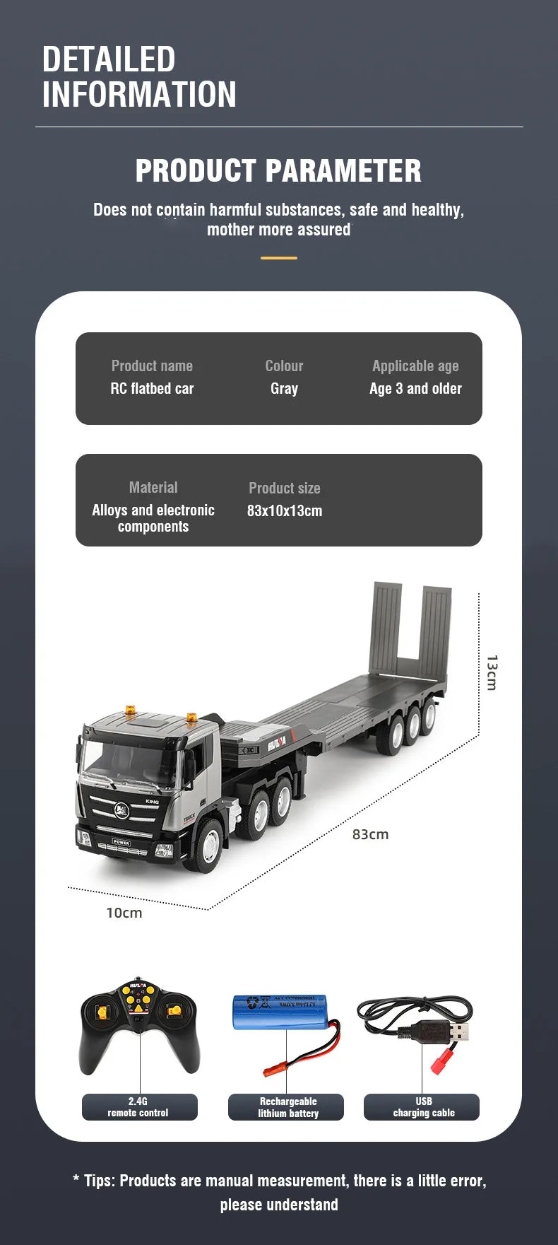 Huina 1318 Rc Truck Remote Control Alloy 1/18 9Ch 2.4G Transport Truck Model Electric Toy with Flatbed Trailer for Kids Boy Gift