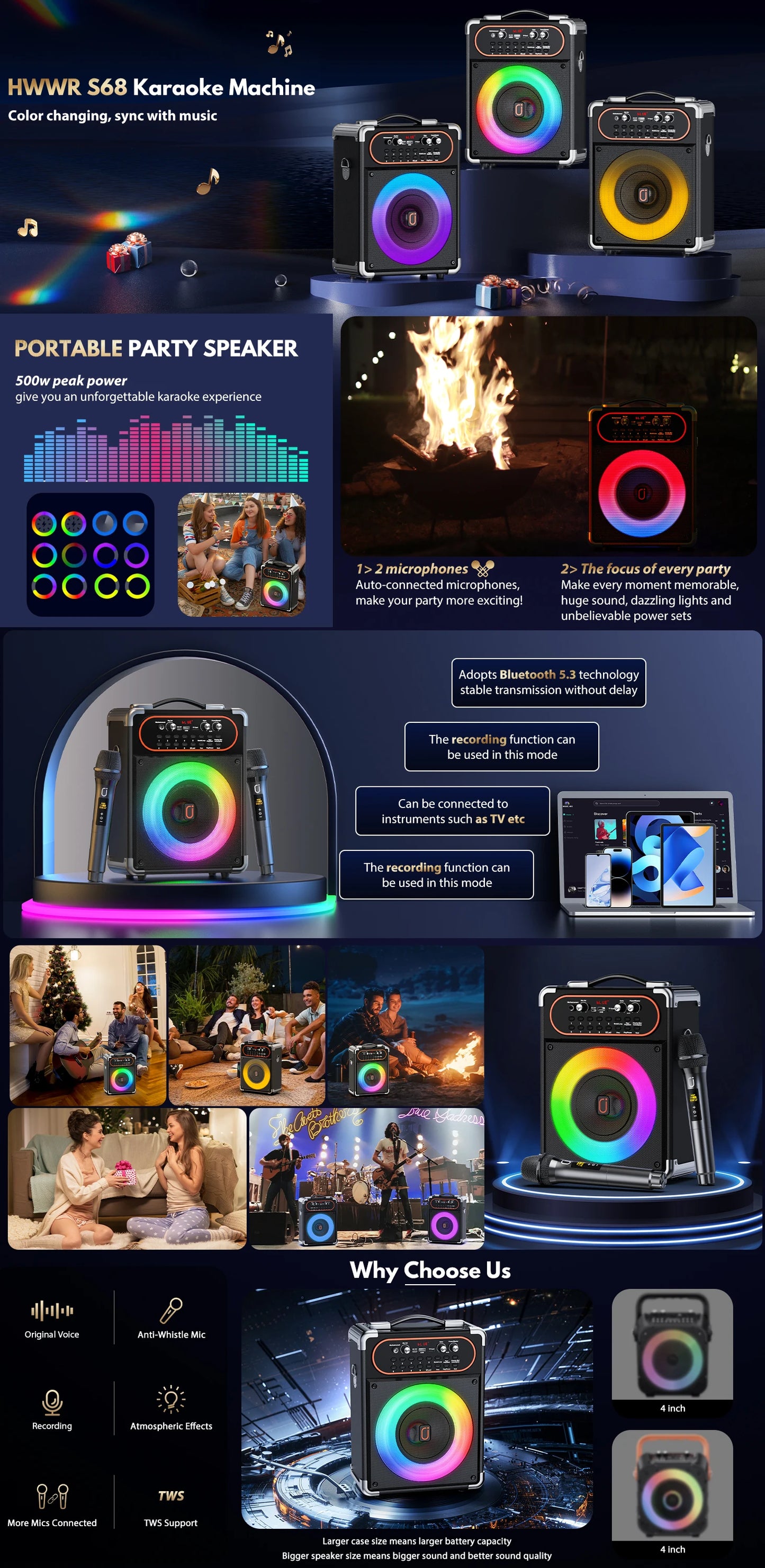 S68 Kara Ok with 2 Microphones, Portable Bluetooth 5.3 Kara Ok Speaker,Echo Adjustment, Supports Tv through Auxiliary Connection