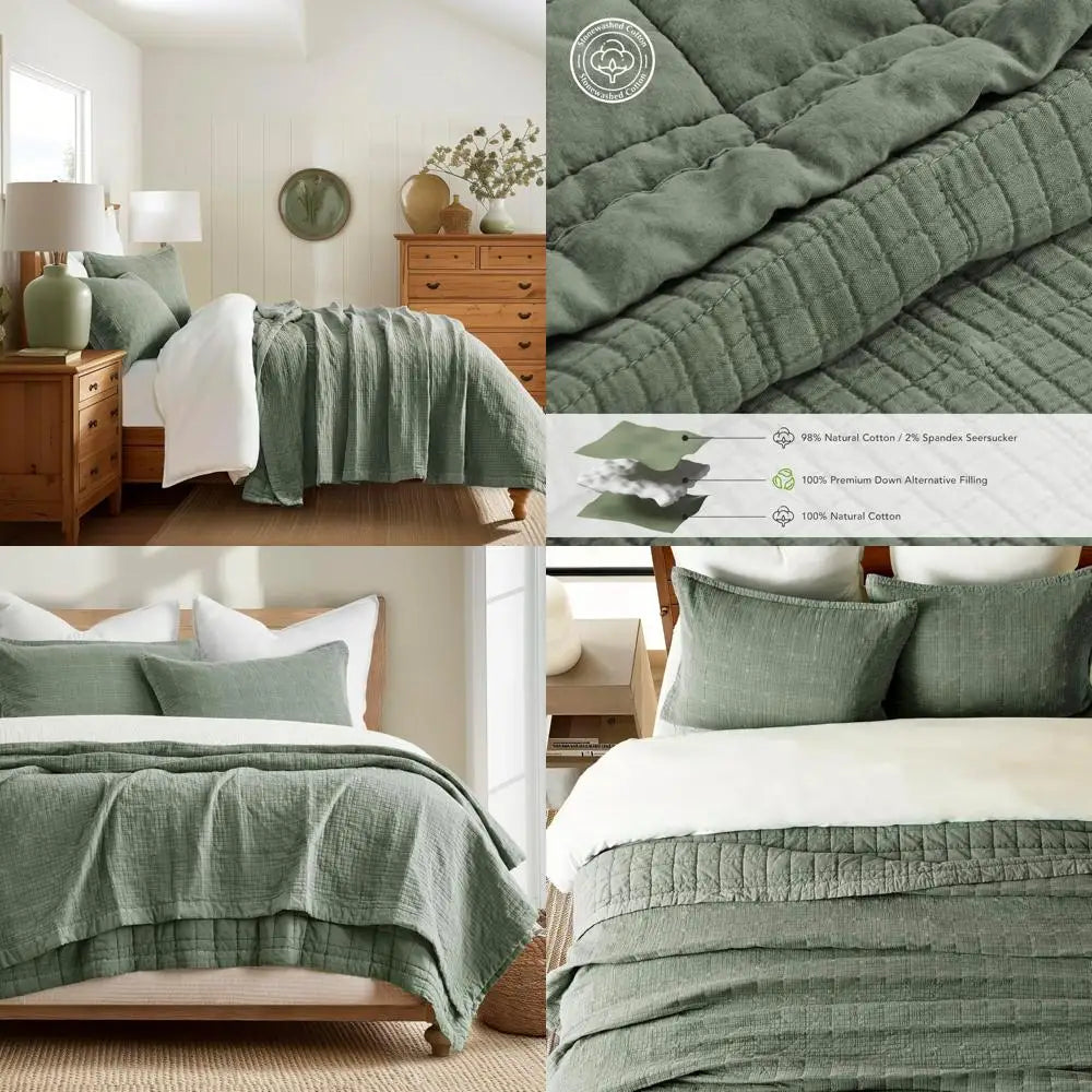 King Size Stonewashed Cotton Quilt Set, Ultra Soft Oversized Coverlet with Lightweight Crinkle Stitch Pattern