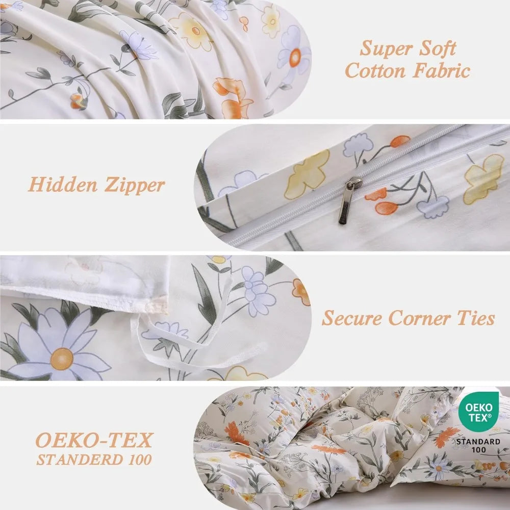 100% Cotton Duvet Cover Queen Size, Floral Reversible Duvet Cover Set with Zipper Closure, Soft 3 Pieces Bedding Set with 2 Pill
