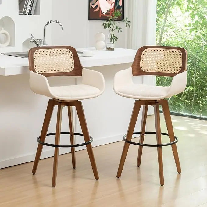 Counter Stools Rattan Swivel Counter Height Bar Stools with Cane Back, Upholstered Seat, Faux Leather Upholstered Furniture