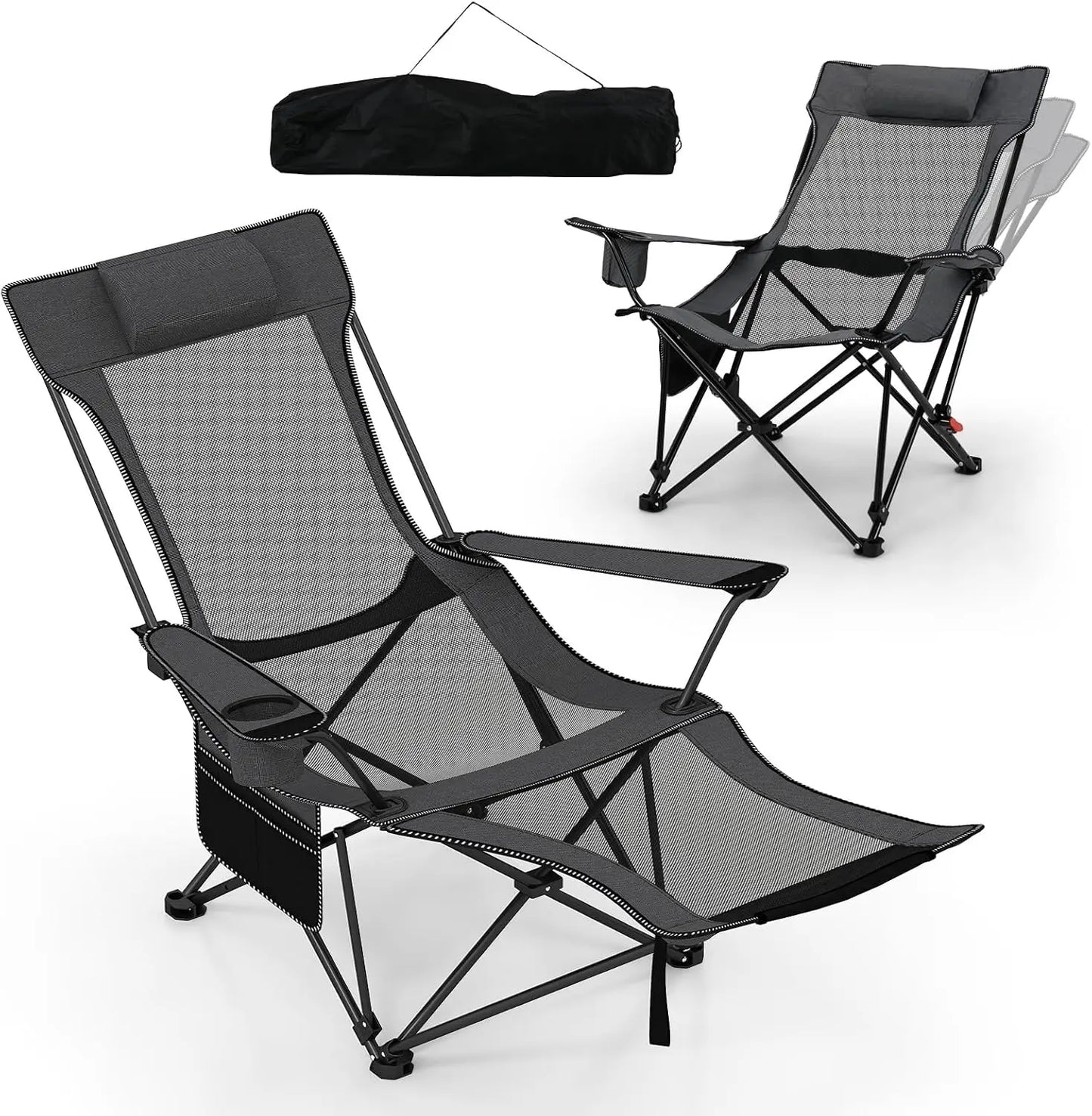 Camping Lounge Chair w/Detachable Footrest, Folding Beach Chair w/4-position Backrest, Carrying Bag, Removable Pillow,Cup Holder