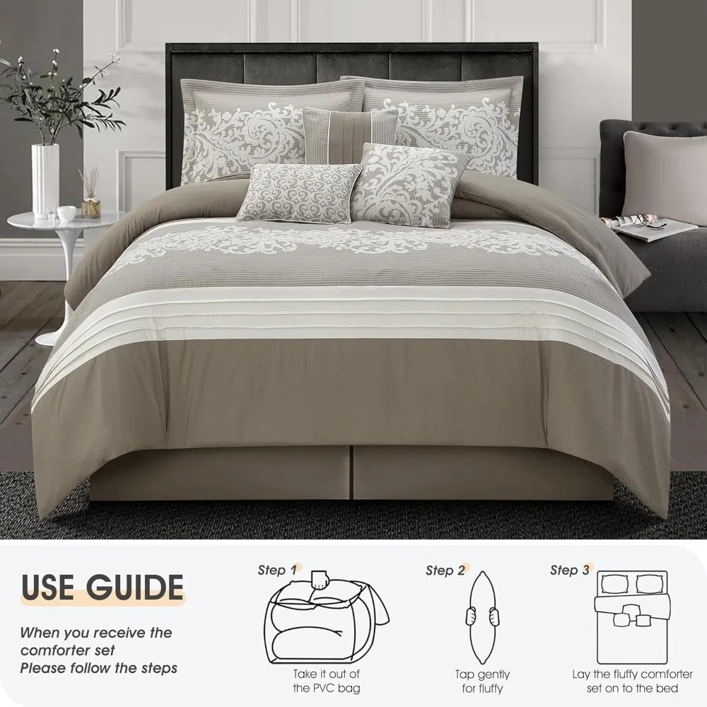 Queen Size Taupe Damask Jacquard Comforter Set with Solid Piece Work, 7-Piece All-Season Soft Bedding Ensemble Including Bed Ski