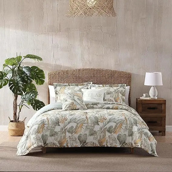 Luxurious Cotton Duvet Cover Set with Matching Pillow Shams, Tropical Style Bedding Ensemble in Solid Color (Coastal, Raw)