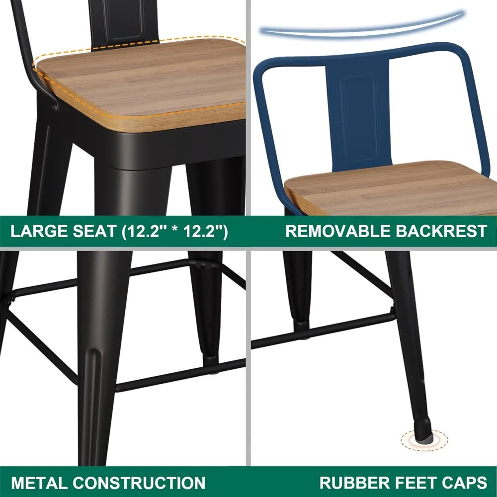 Metal Bar Stools Set of 2 Counter Height Barstools with Removable Back 24" Kitchen Bar Stools with Wooden Seat, Black