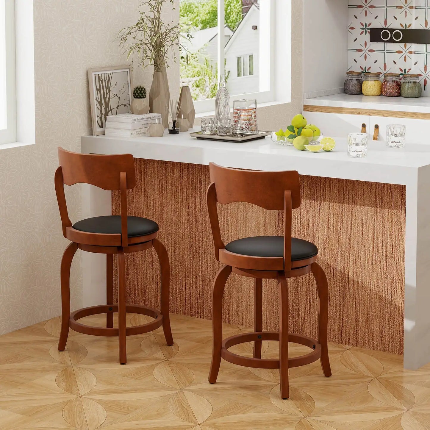 24" Swivel Bar Stools Set of 2 with Rubber Wood Frame Upholstered Seat Footrest