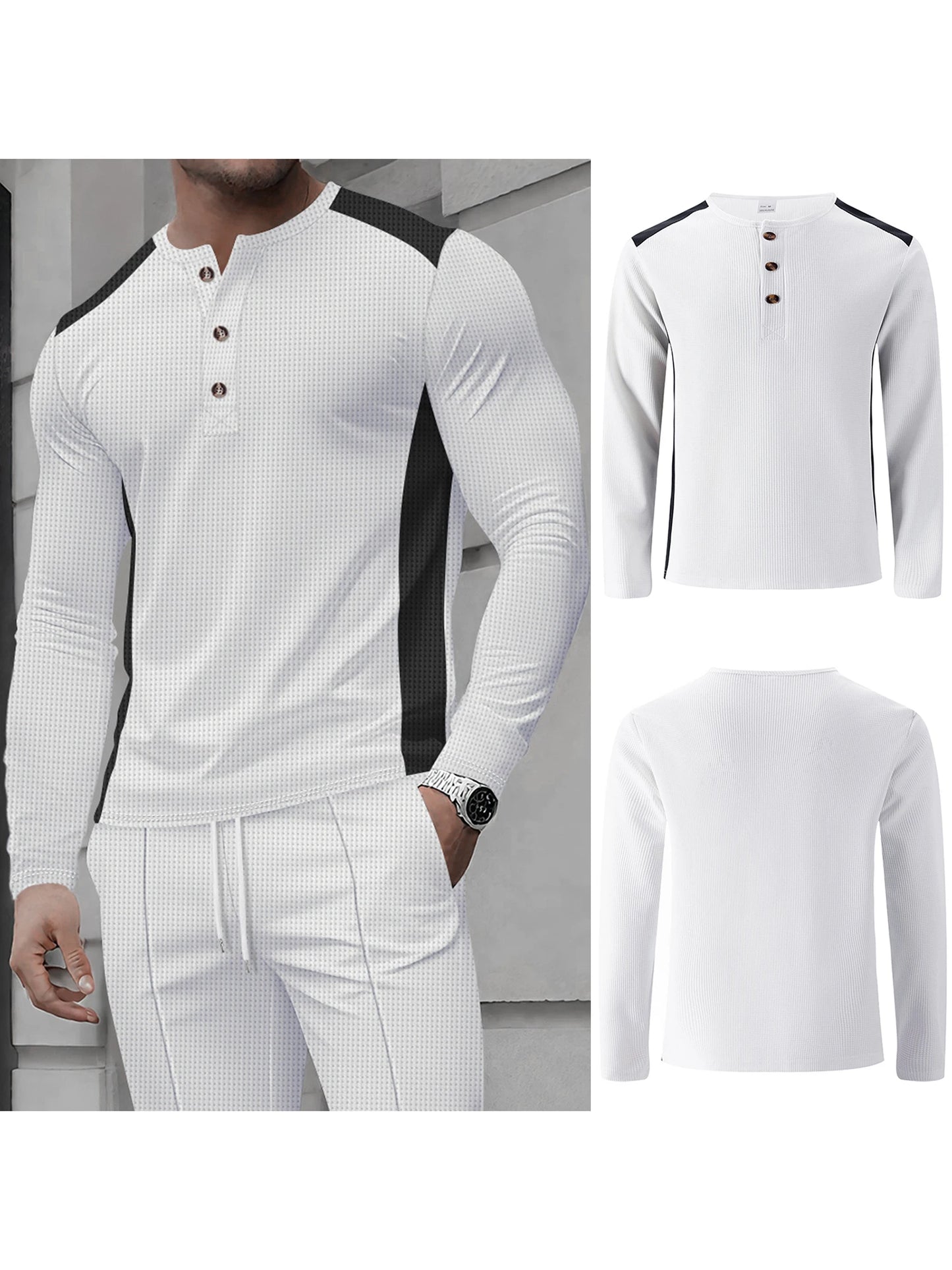 Men s Casual  Fit Long Sleeve Henley T-Shirt Button Up Contrast Color Tops Spring Autumn Fashion Pullover Shirt