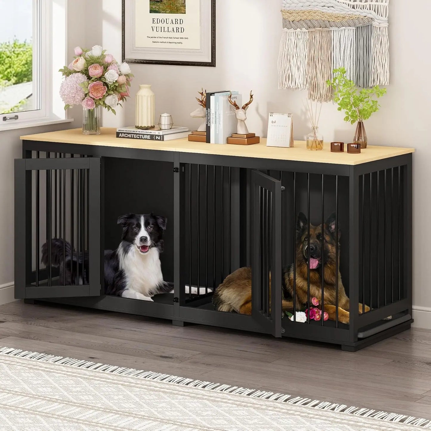 70.9" Large Double Dog Crate Furniture, Wooden Dog Kennel House with Divider & 2 Trays, for Large or 2 Medium Breeds Indoor
