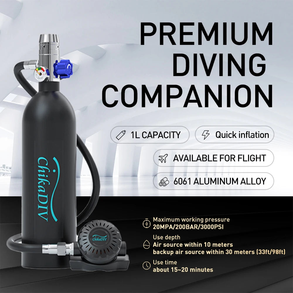 Mini Scuba Tank for Diving, Portable Lung Tank System 1L, 3000 PSI, 15-20 Min Emergency Air, Lightweight Travel Gear