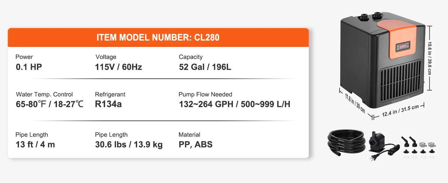 VEVOR Aquarium Chiller 0.25/0.33/0.1/1.5HP Hydroponic Water Chiller Quiet Refrigeration Compressor for Fresh Water Fish Tank