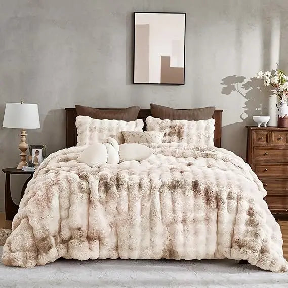 3 Pieces Fluffy Faux Rabbit Fur Bubble Comforter Set King Size, Tie-Dyeing Beige Plush Fuzzy Bedding Set, Warm Soft Bu