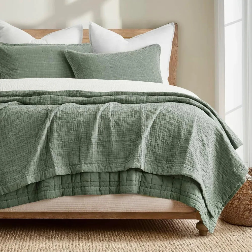 King Size Stonewashed Cotton Quilt Set, Ultra Soft Oversized Coverlet with Lightweight Crinkle Stitch Pattern