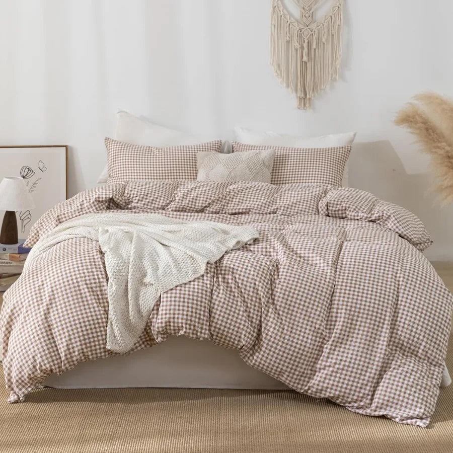 Tan Gingham Duvet Cover Bedding Set Prewashed Extra Soft Comfy Breathable 3 Piece Brown Plaid Checkered Grid Vintage Comforter