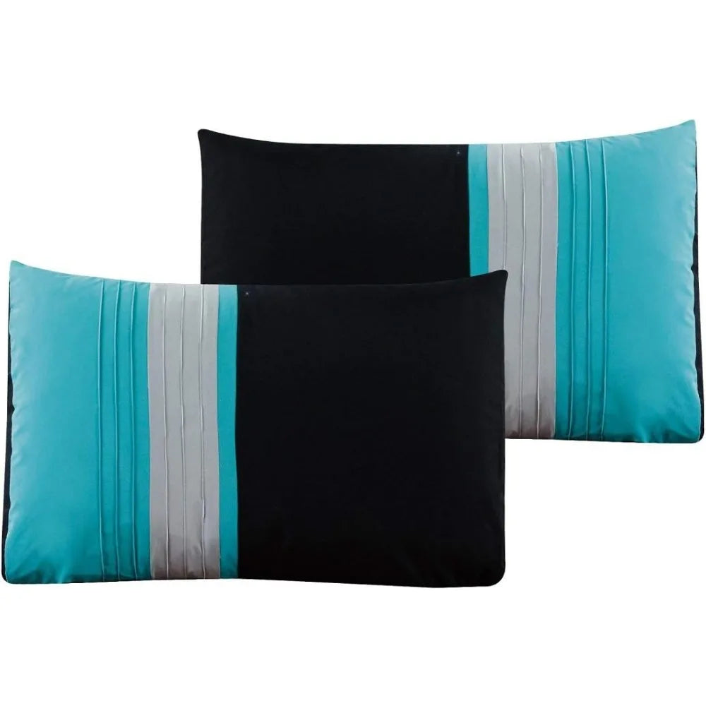 Collection Napa 7-Piece Luxury Leaves Scroll Embroidery Bedding Comforter Set (Queen, Teal Blue/Gray/Black)