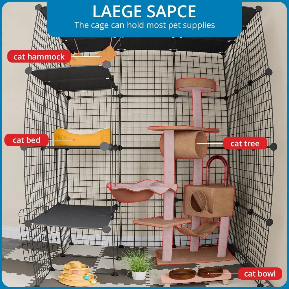 Large Cat Cage, Enclosures Indoor with Balcony, DIY Playpen Detachable Metal Wire Kennels Crate 3x3x4 Large Exercise Place Ideal