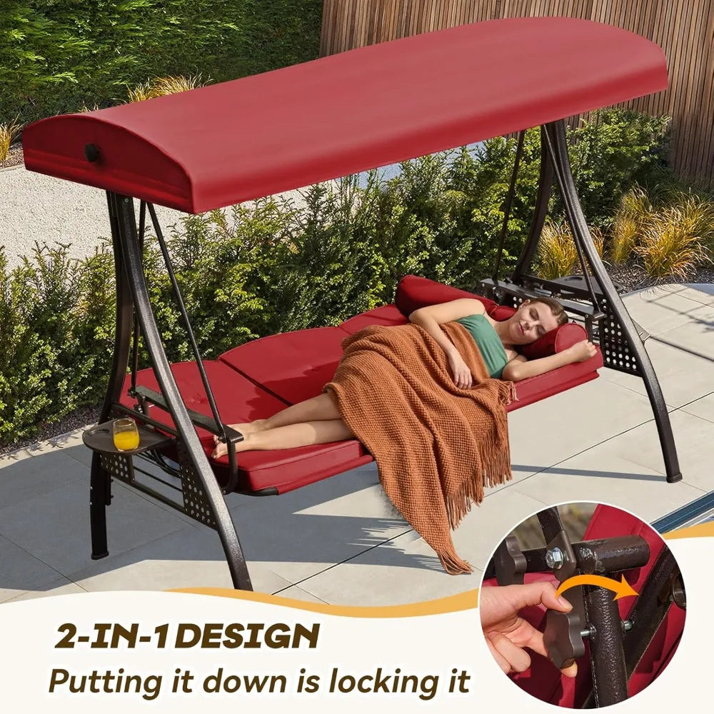 3 in 1 Outdoor Porch Swing with Adjustable Canopy, 3 Seat Outdoor Swing for Adults, Patio Swing Chair with Thickened Cushions,Pi