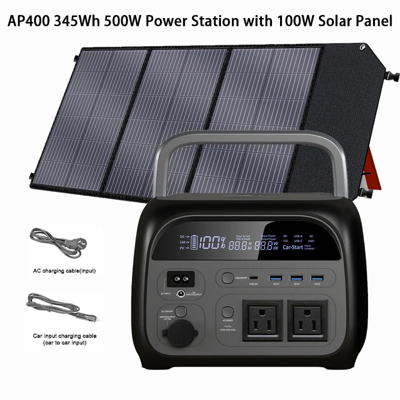 2400W /1600W / 500W Portable Power Station, 2048Wh / 1024Wh /345Wh Lifepo4 Battery with 400W / 200W / 100W Foldable Solar Panel