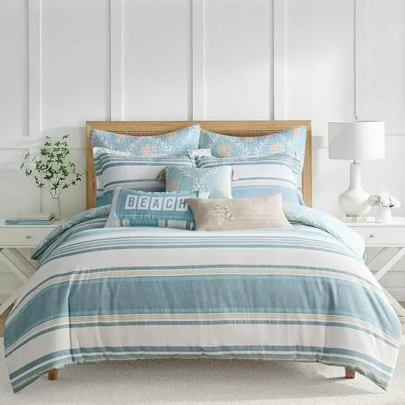 Blue Teal Taupe Striped Twin Comforter Set with Standard Pillowcase for Comfortable Sleep