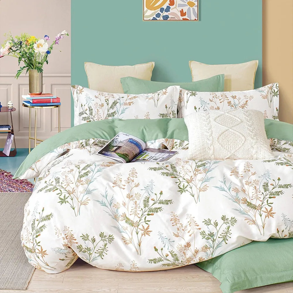 3pcs Botanical Comforter Sets Queen Size-Green Comforter with Luxurious Tan & Gray Leaves on White, Reversible