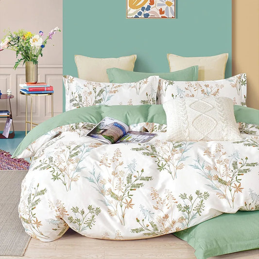 3pcs Botanical Comforter Sets Queen Size-Green Comforter with Luxurious Tan & Gray Leaves on White, Reversible
