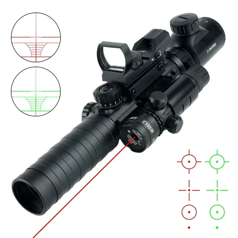 Tactical 3-9X32EG Riflescope Laser Red Dot 3 in 1 Combo Optic Sight Red Green Illuminated Reflex 4 Reticle Hunting Scope