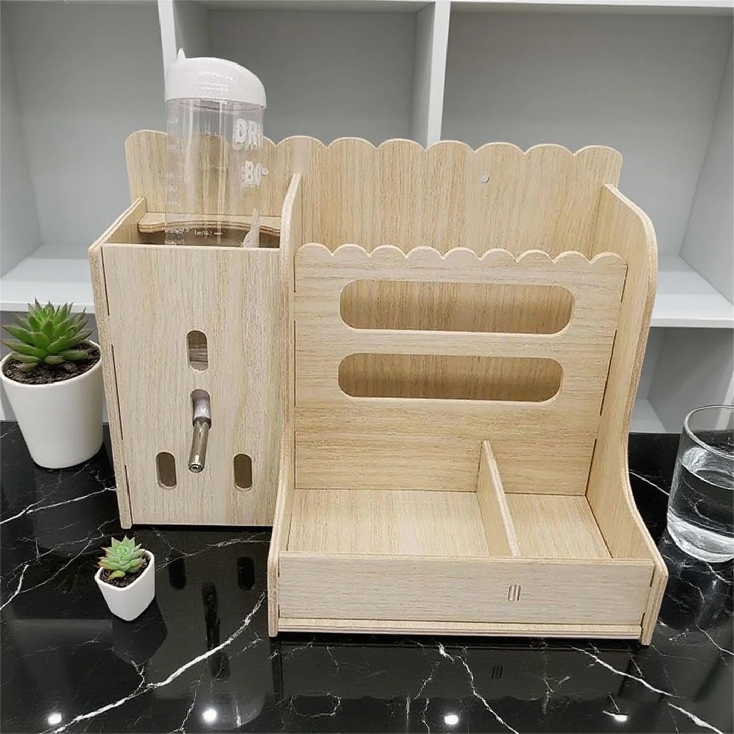 Rabbit Hutch with Hay Feeder and Water Bottle Combo Set - Wooden Guinea Pig Cage Accessories for Small Animals