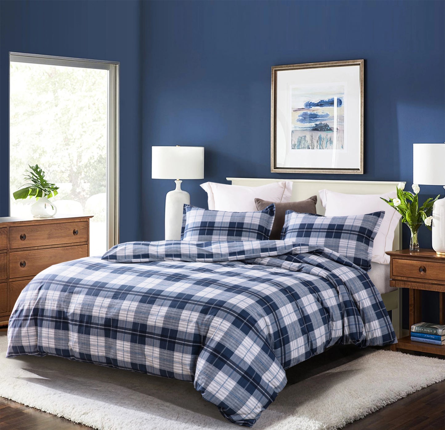 SLEEPBELLA Comforter 600 Thread Count Cotton Navy Blue & Grey Buffalo Pattern Blue Plaid Comforter Sets,Down Alternative Bedding