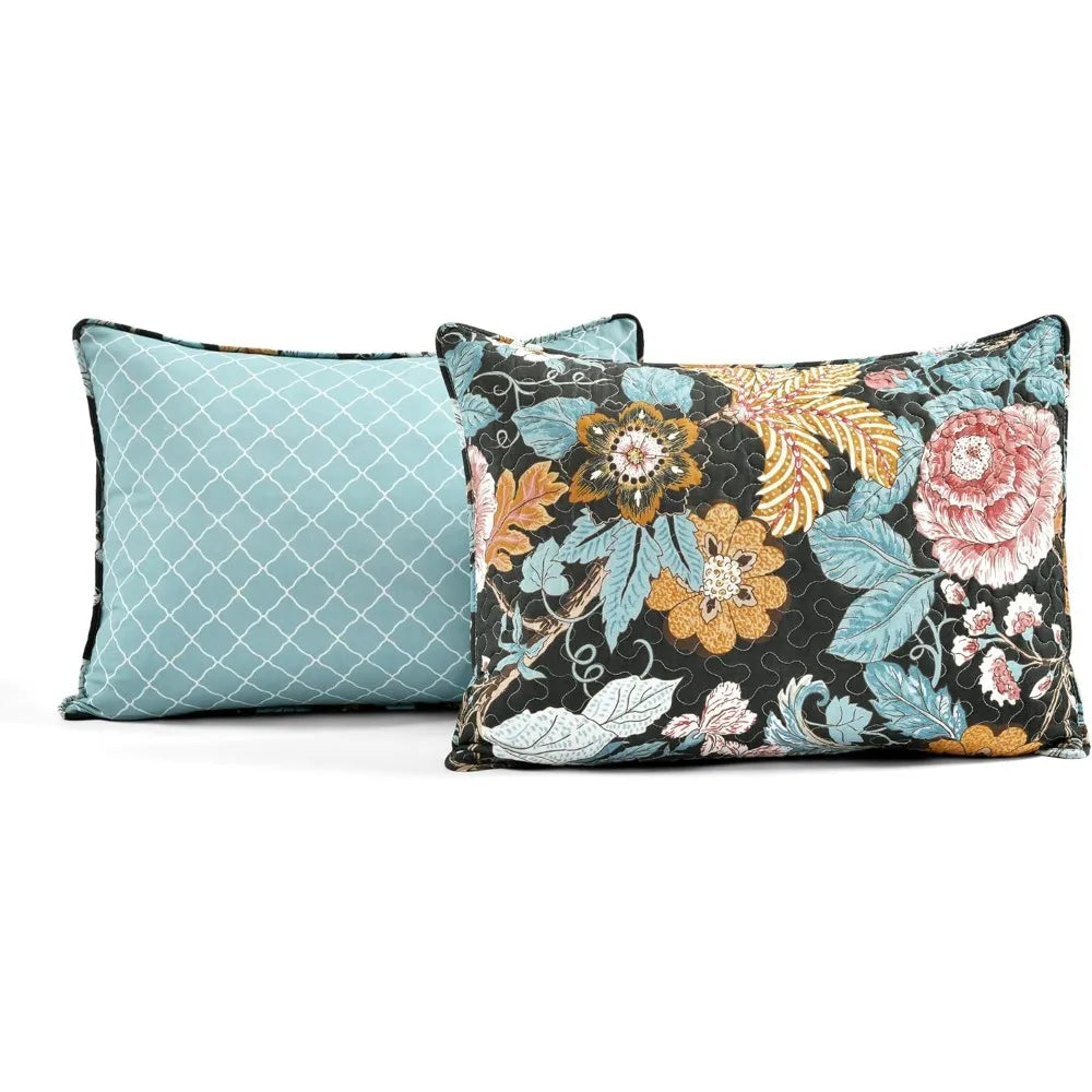 Reversible Cotton Quilt Set in King Size with Black and Blue Floral Pattern