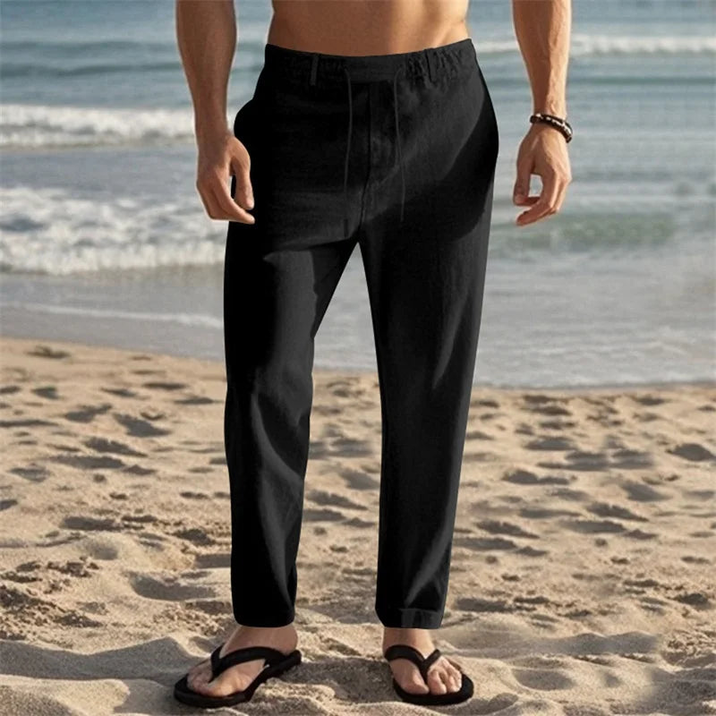 Men s Lightweight Drawstring Linen Pants with Pockets Comfortable Straight Leg Casual Trousers for Summer Beach Wear