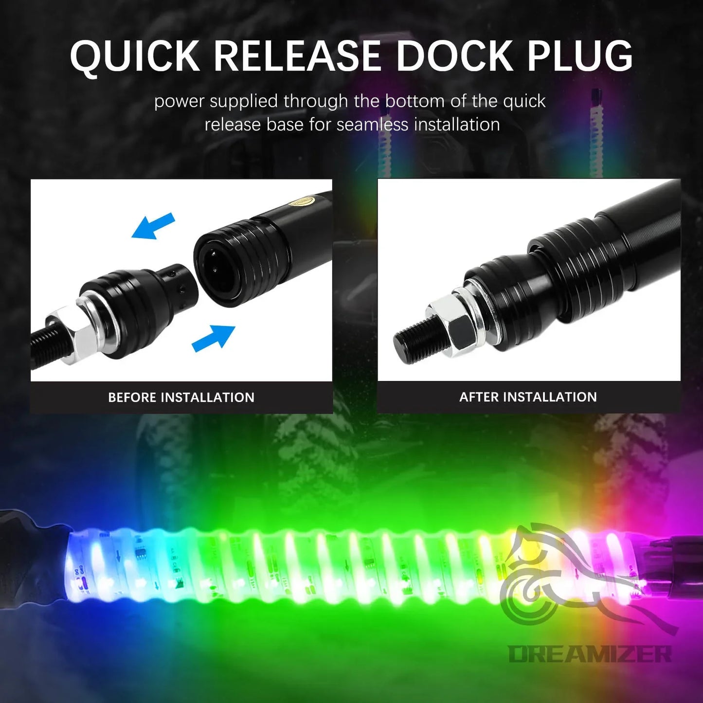 2PCS 2ft LED Whip Lights For UTV Colorful RGB Chasing/Dancing Light RGB Chasing Lighted Antenna Whips For ATV Truck