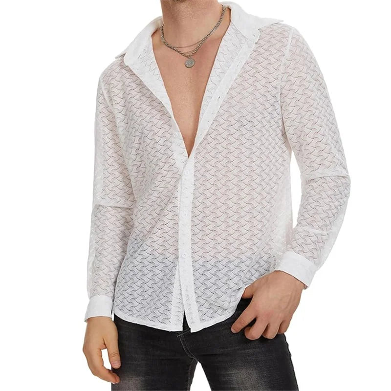 Men s Mesh Panel Shirt with Sheer Lace Detailing and Lapel Neckline Long Sleeve Button-up Top for Casual Streetwear Fashion