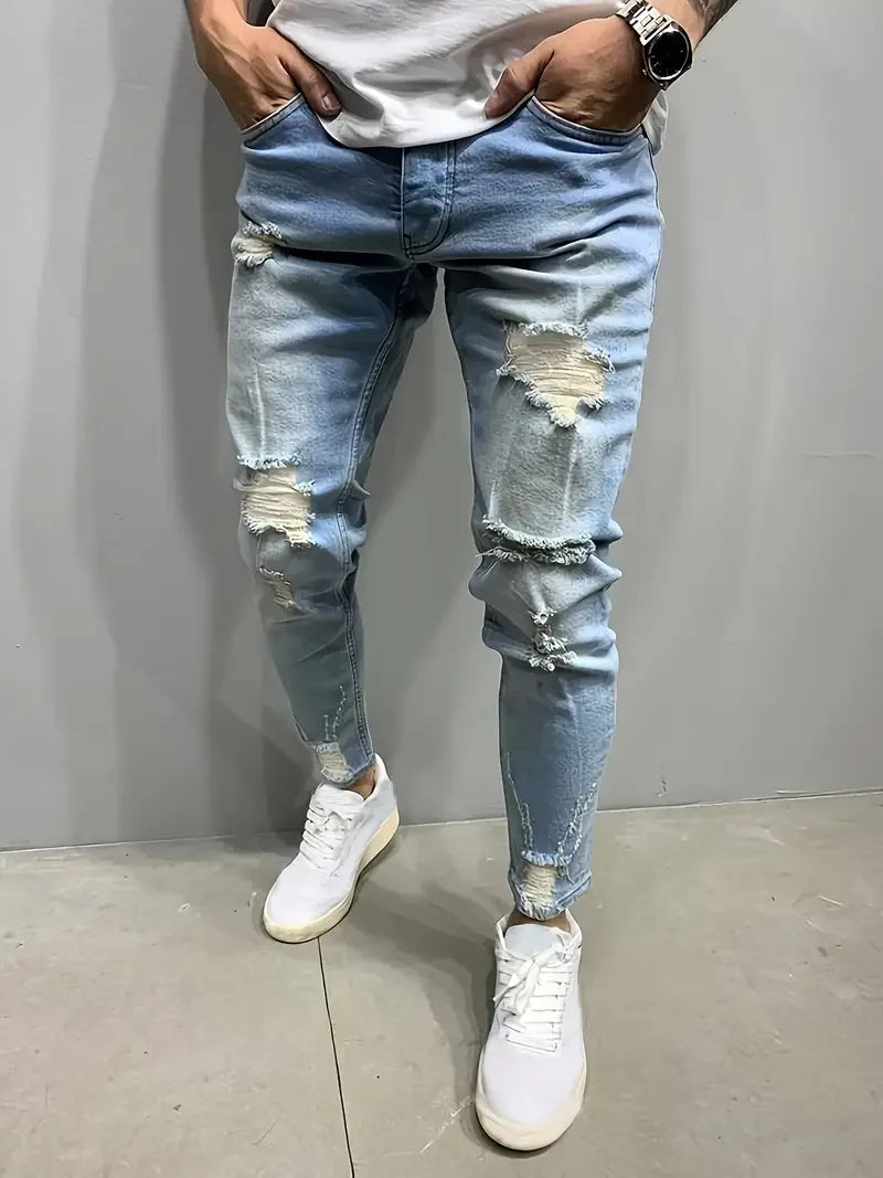 Men's Slim Fit Ripped Jeans, Casual Street Style with Medium Stretch Denim, Light Blue Distressed Design, Versatile for All Seas