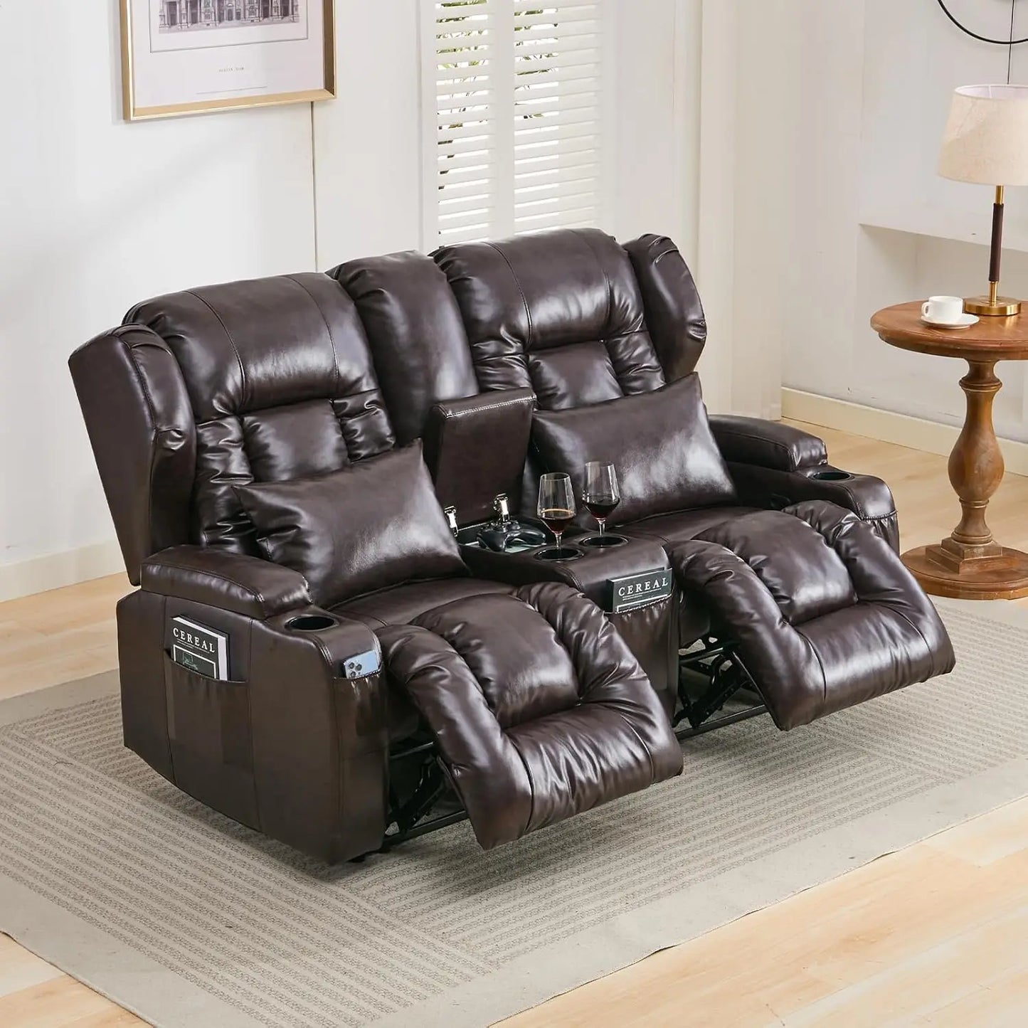 65.5-inch Double Sofa Lounge Chair and Console, Wall Mounted Lounge Chair, Home Theater Seat