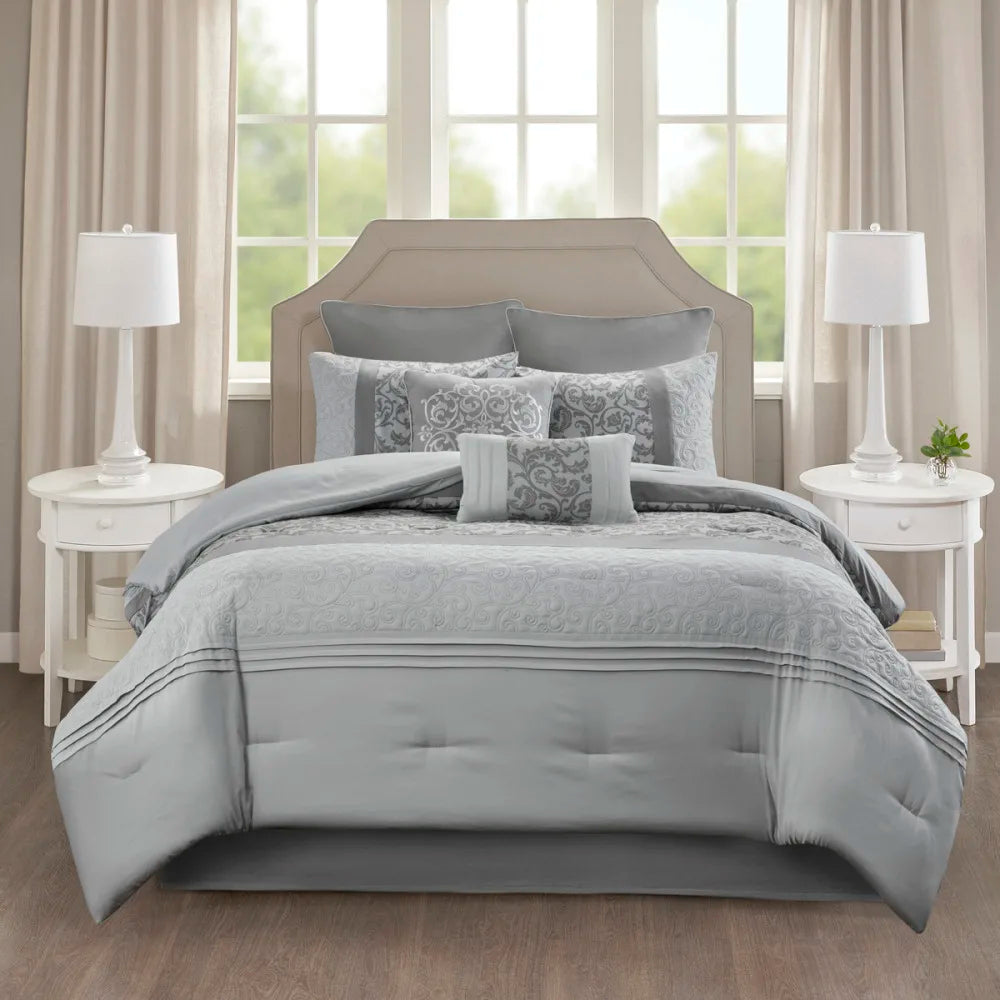 Embroidered 8 Piece Comforter Set Grey Queen
